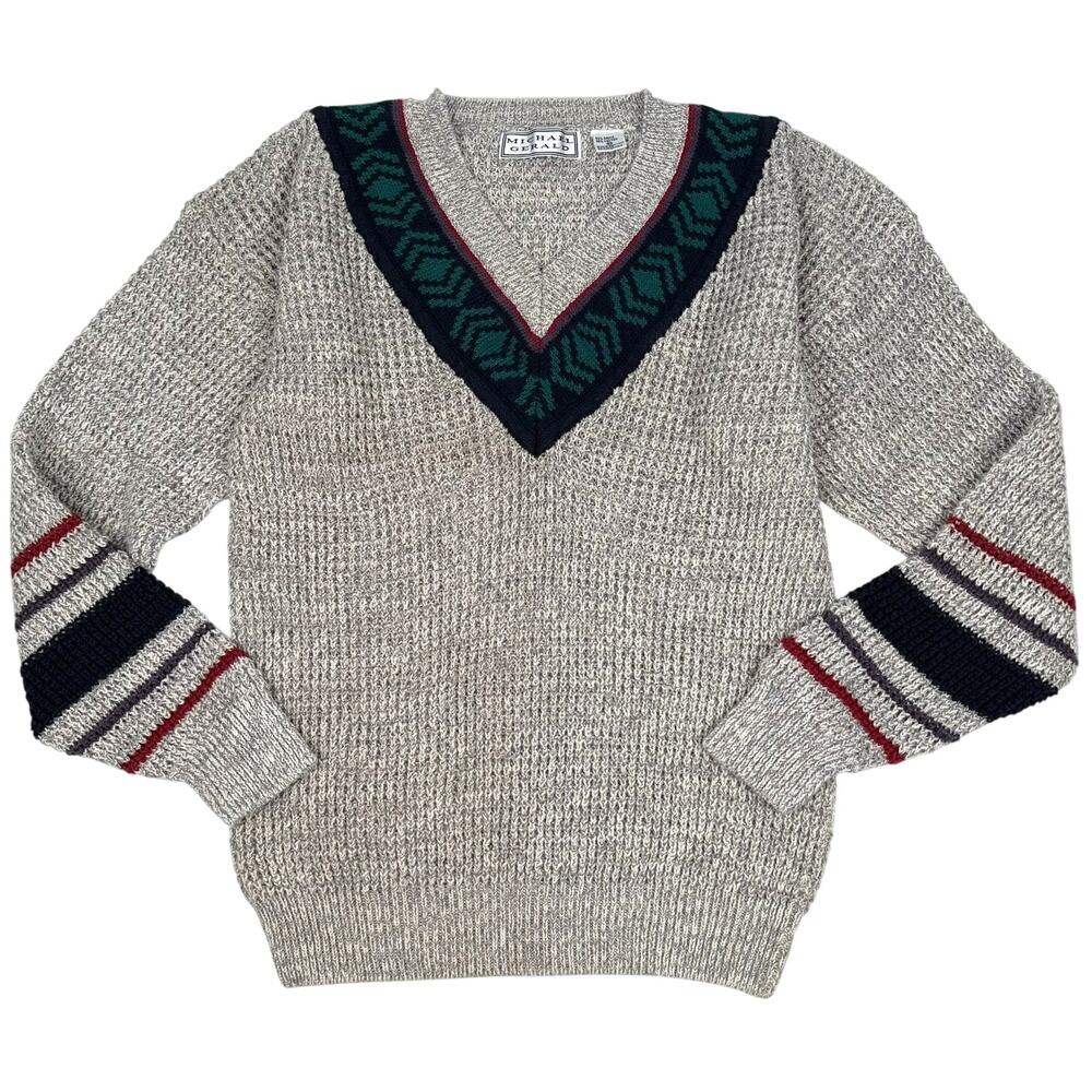 Michael Gerald Vintage Collegiate V-Neck Knit Sweater Geo Border Mens Medium